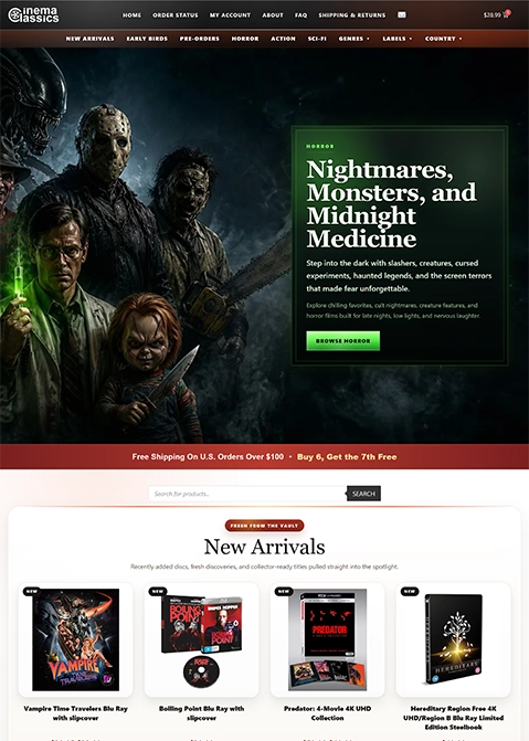 Cinema Classics storefront featuring its horror collection and new DVD and Blu-ray arrivals