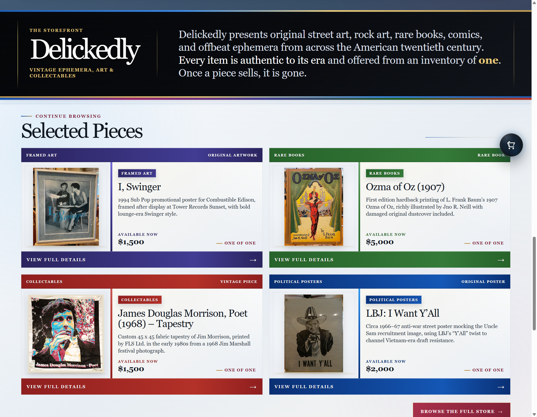Delickedly Selected Pieces grid with category-specific artwork, book, collectible and poster cards