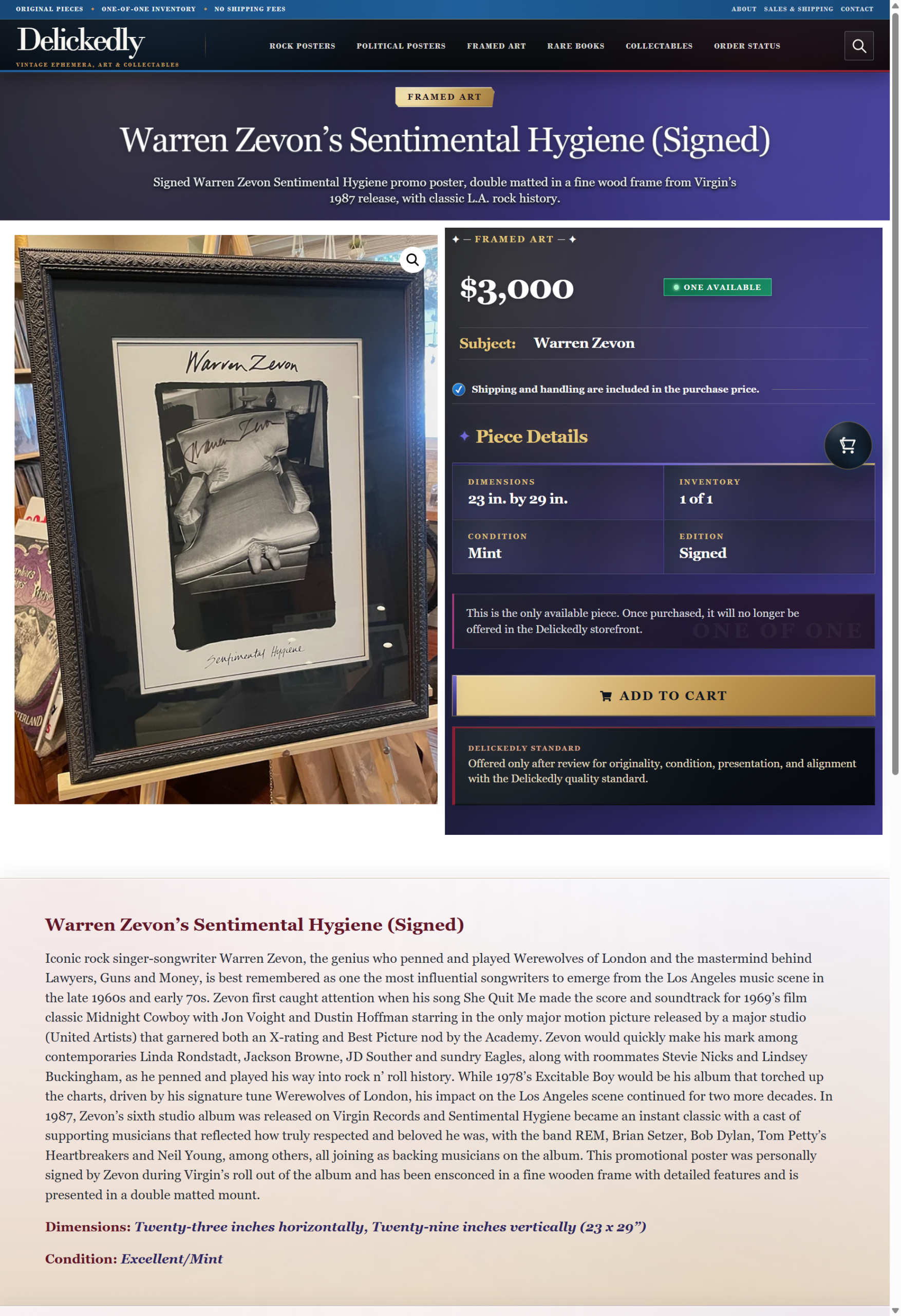 Delickedly framed-art product page showing price, condition, dimensions, edition and purchasing controls