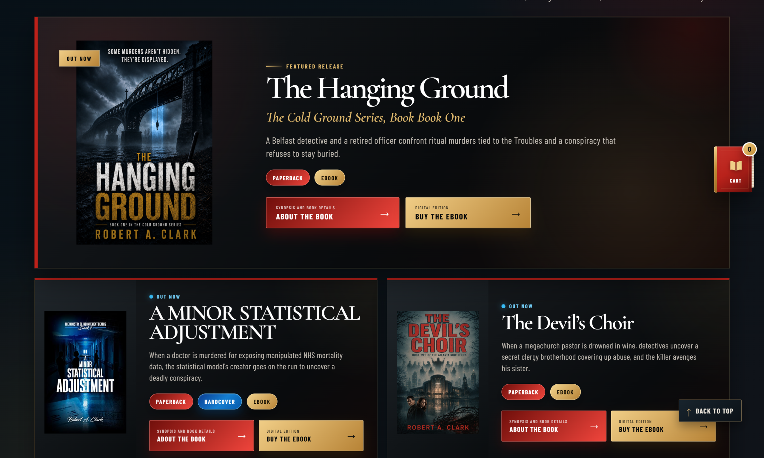 Robert A. Clark book displays with featured titles and available purchase formats