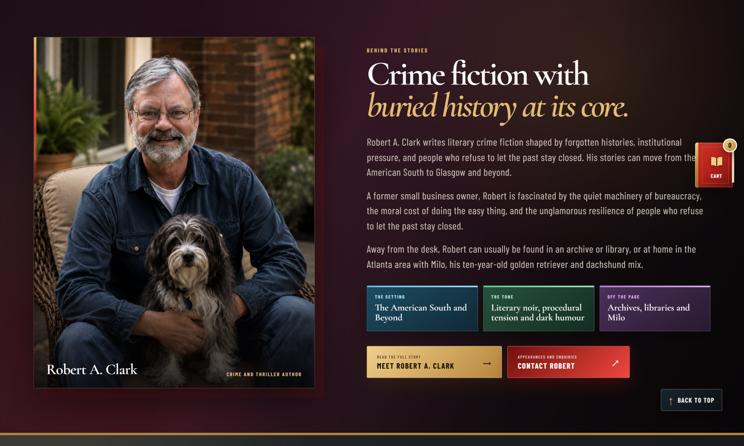 Homepage author section featuring Robert A. Clark with his dog and an introduction to his crime fiction