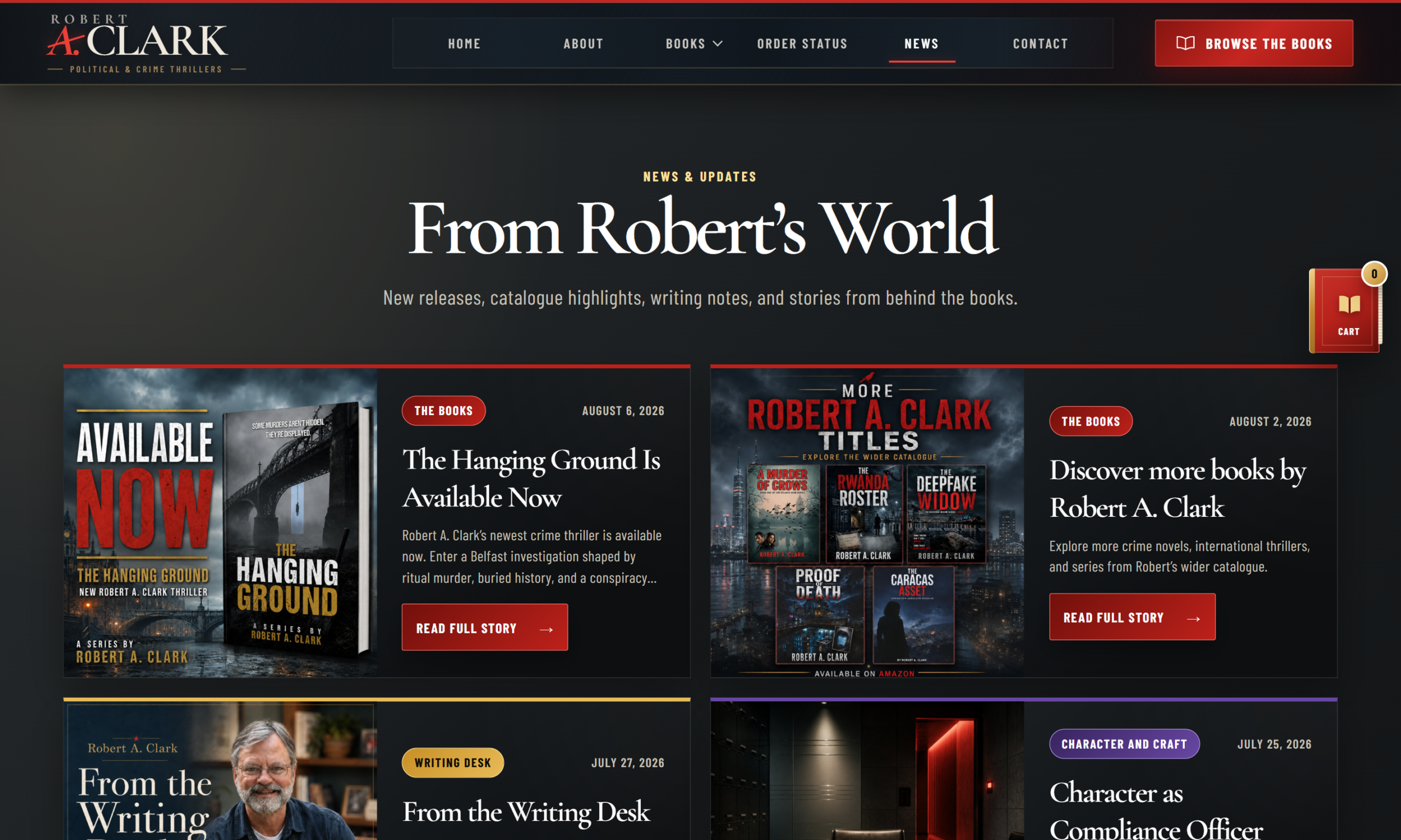 Robert A. Clark news page showing categorized book announcements and writing articles
