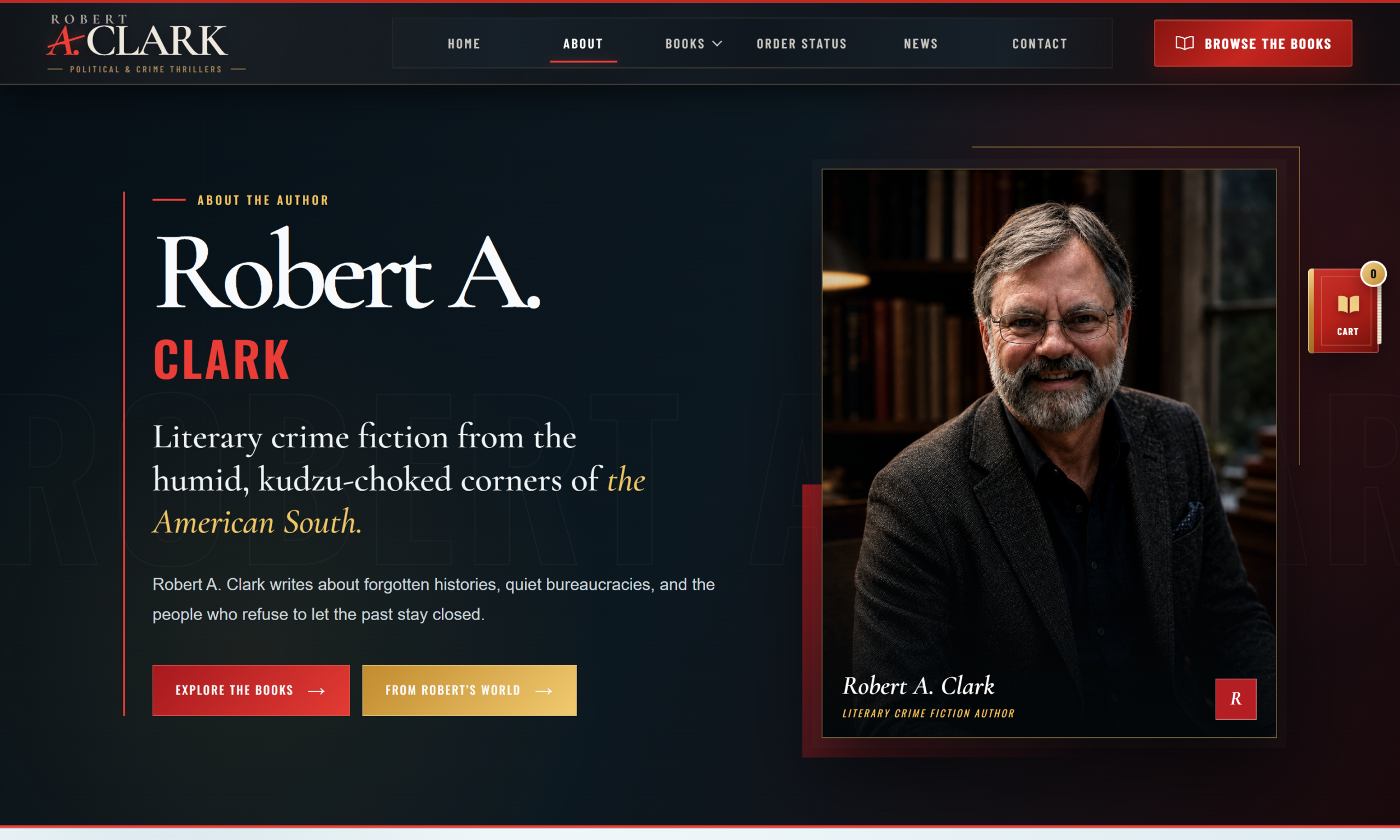 Robert A. Clark About page with an author portrait and literary crime fiction introduction